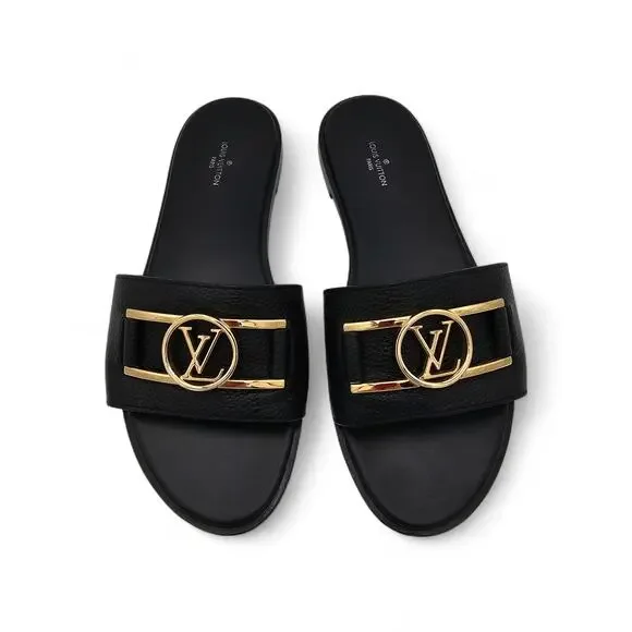 Louis Vuitton Lock It Flat Slide Sandal Black Leather Gold LV Logo Size 38 US 8 - Picture 2 of 12